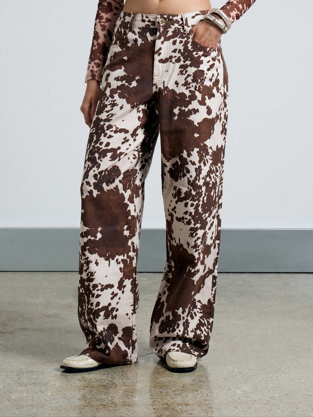 SHEIN Curve Brown and Cream Cow Print High Waist Pants